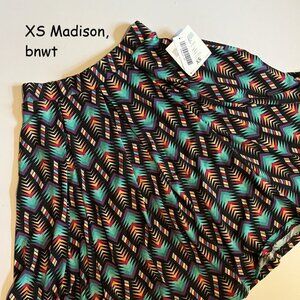 XS Lularoe Madison skirt, black with bright multi points & stripes